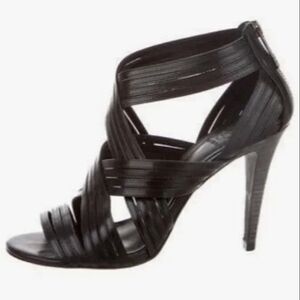 Tory Burch Classic Black Liv‎ Caged Zip Back Heels Leather Size 9